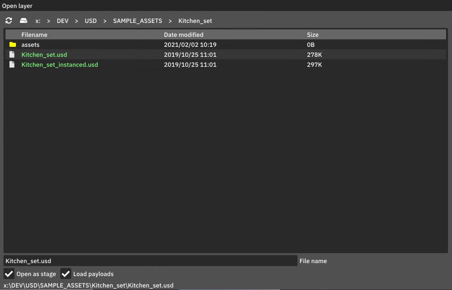 Image showing a window for loading a USD layer